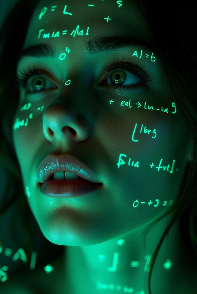 Close-up of woman's face, glowing green holographic equations projected onto skin. Intense gaze, realistic features. Dark background, cyberpunk aesthetic. Luminous mathematical formulas, handwritten style. Futuristic, high-tech atmosphere. Photorealistic rendering, dramatic lighting, sharp contrast