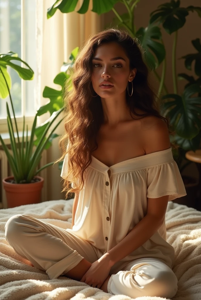 (photorealism:1.2), beautiful woman, sitting on bed, wearing loose off-shoulder top, pajama pants, long curly hair, indoors, soft lighting, plants in background, window with sunlight, cozy room, relaxed pose, realistic, intricate details, warm colors, by Greg Rutkowski, by Alphonse Mucha