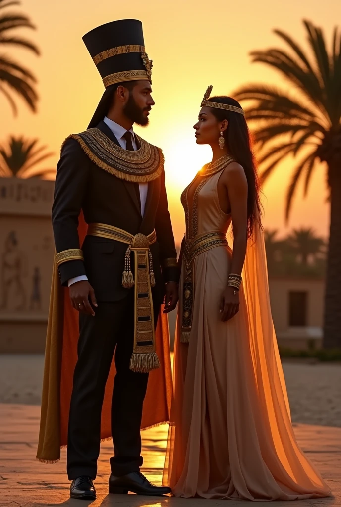A pharaoh in characteristic Egyptian-era clothing wearing a neme mixed with the modern formal wear of a businessman along with his wife in the Cleopatra style with her characteristic clothing mixed with a modern 21st century long dress