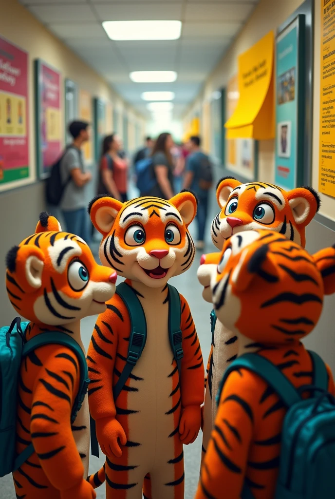 Create a group of young Tigers who are in college and see an exam notice with faces of surprise and concern.
