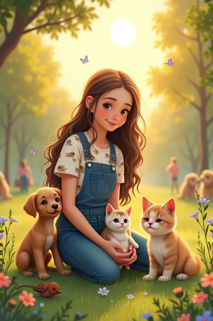A girl in a yellow dress stands next to two dogs, charming digital painting, fantasy matte painting，Cute, Cute digital art, children&#39;s creativity in artstation, Cute 3 d render, Cute detailed digital art, photorealistic disney, in the style of Disney animation, female explorer mini Cute girl, girl walking in forest, realistic Cute girl painting, fan art, animated film