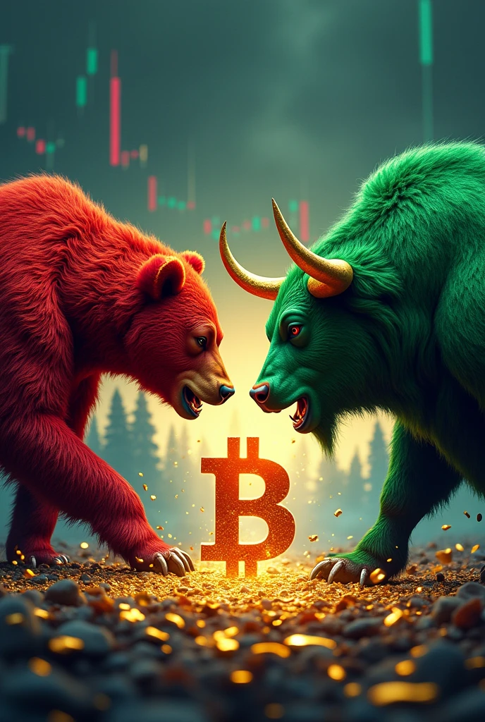 a red bear facing a green bull head-on, the Bitcoin cryptocurrency between two animals with financial market charts in the background