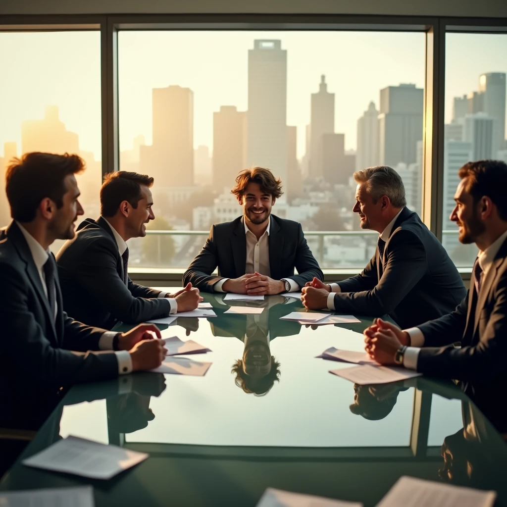 5 PEOPLE ONE ANNOYING PERSON, A BUSINESSMAN, an adult, TWO MEN IN SUITS



