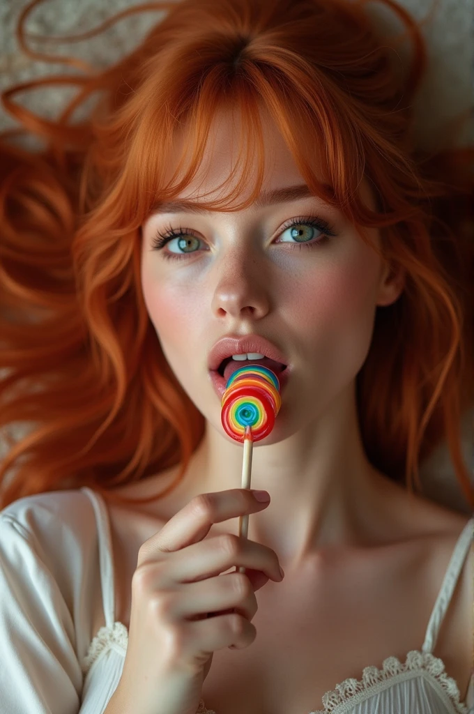 (full-body shot:1) Realistic images (Lying position:1) Miss, Surrealism, photography, Long red hair, Miss, 24 years old, Hourglass figure, Perfect body, Flirty look, Natural medium breasts, Blurred Background, Her wet tongue licked a thick, long, rainbow-colored spiral lollipop., A tiny bit of saliva dripped from her tongue, Attractive appearance, Long eyelashes, Cat eye makeup