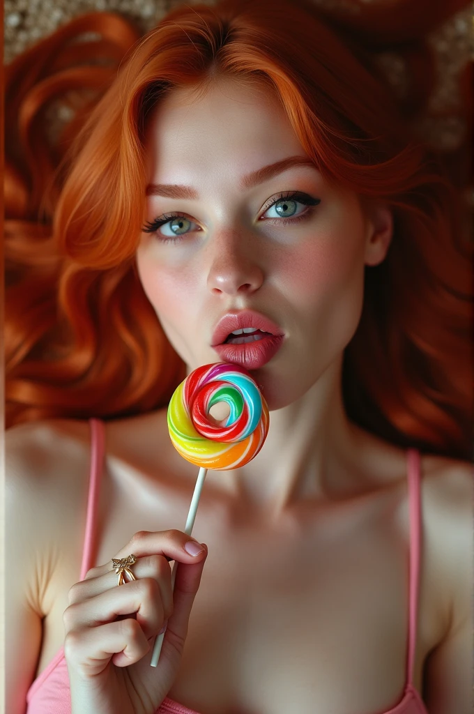 (full-body shot:1) Realistic images (Lying position:1) Miss, Surrealism, photography, Long red hair, Miss, 24 years old, Hourglass figure, Perfect body, Flirty look, Natural medium breasts, Blurred Background, Her wet tongue licked a thick, long, rainbow-colored spiral lollipop., A tiny bit of saliva dripped from her tongue, Attractive appearance, Long eyelashes, Cat eye makeup