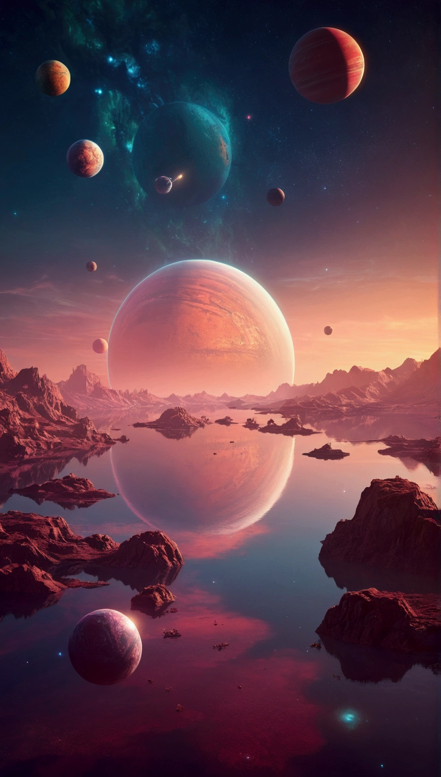 a view of a planet with a lake and several planets in the background, beeple artwork, beeple art, realism | beeple, beeple style, beeple. hyperrealism, beeple!!, recusion beeple, beeple masterpiece, beeple colors, beeple rendering