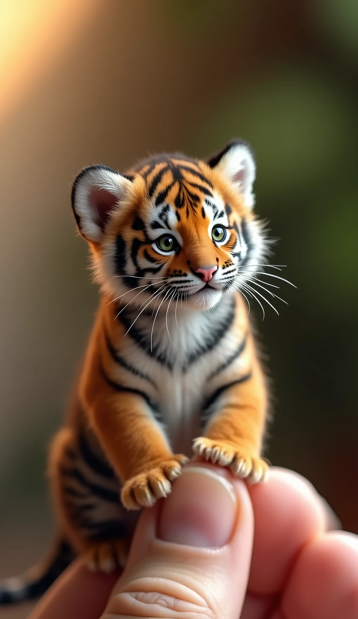 Photorealistic, 32k, Micro Tiny  [tigre siberiano bravo] perched on a human finger