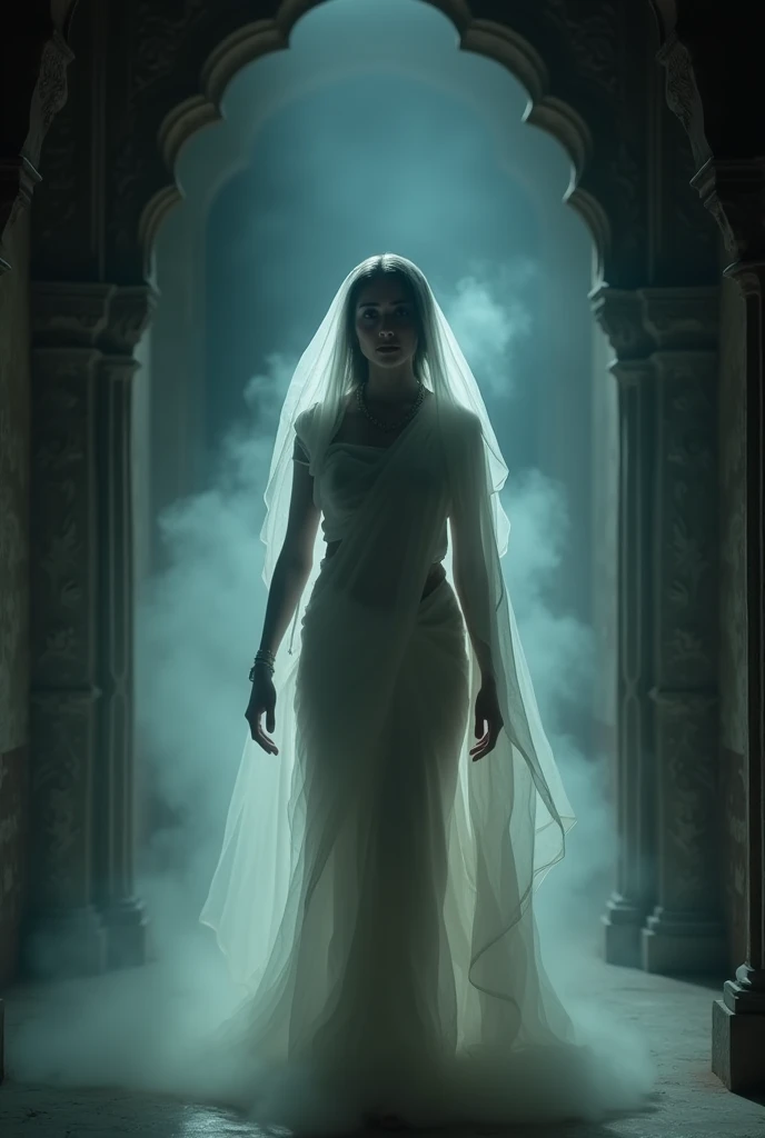 Ladies indian ghost in white saree walking and looking slightly uper side. Her face we can see