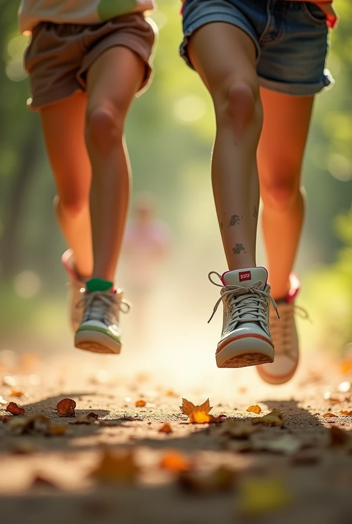 Two girls running, only their feet visible, dirty shoes