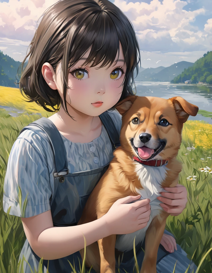 CUTE CHUBBY GIRL,in the style of unreal engine 5 art style, Realistic anime art style, Oil painting style art, playing with a Cute Dog , realistic Oil Painting art style at pixiv, makoto shinkai. high detail, young Chubby girl , anime nature, realistic, realistic DC comics art style, realistic artstyle, realistic cute girl painting, anime nature wallpaper,painting, wet grass, in a grassy field, clean detailed anime art with wildflowers --ar 4:5