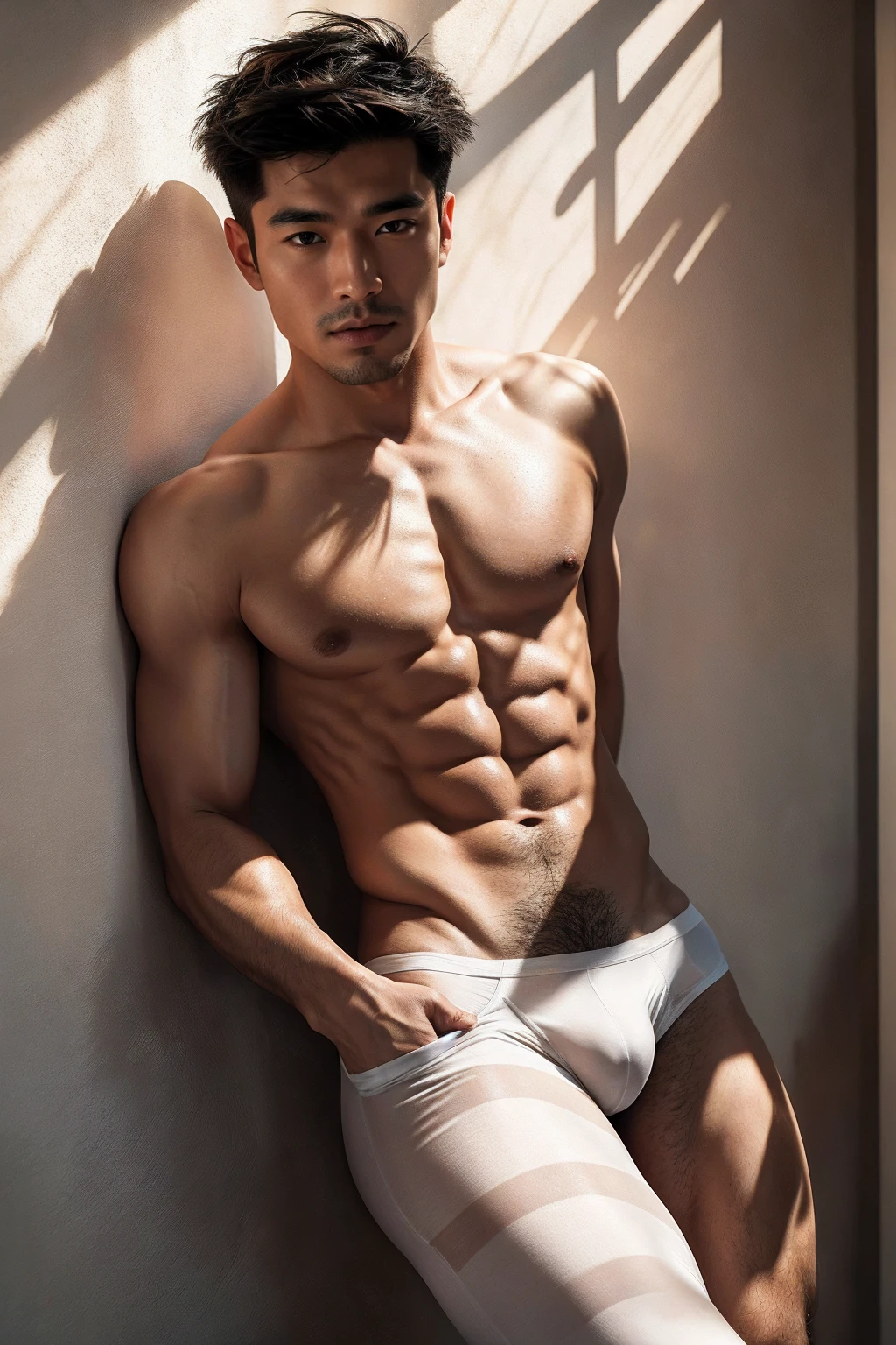 (Asian Man portrait:1.5),Masterpiece:1.5, Best quality:1.5, Solo:1.5,Asian Man:1.5,white wall background:1.5, skinny boy body:1.5, muscle body:1.5,sport body:1.5, big muscle:1.5, Handsome face:1.5,Dark Brown Hair Color:1.5,Natural eyes:1.5, athletic physique:1.5, slender:1.5,body hair:1.5, He was wearing tight White Calvin Klein underwear and curved legs.:1.5, perfect:1.5 , male:1.5,correct male scrotum:1.5, perfect scrotum:1.5, male structure:1.5, short detailed hair:1.5, Sexy guy:1.5, looking at viewer:1.5, standing:1.5,highest detail:1.5, superior quality:1.5, natural lighting, beautiful:1.5, sexy:1.5,correct anatomy:1.5, good composition:1.5, man focus:1.5,amazing composition:1.5, front view:1.5, HDR, volumetric lighting, ultra quality, elegant:1.5,vpl,the middle of the picture:1.5,Clear Focus: 1.5,Perfect Body virile: 1.5,pale skin:1.5, very pale skin:1.5, light skin:1.5,(Perfect fingers:1.5), (perfect arm shape:1.5),(perfect leg shape:1.5),(perfect body shape:1.5),(bulky bulge and medium butt:1.5),Buzzcut Hairstyle:1.5