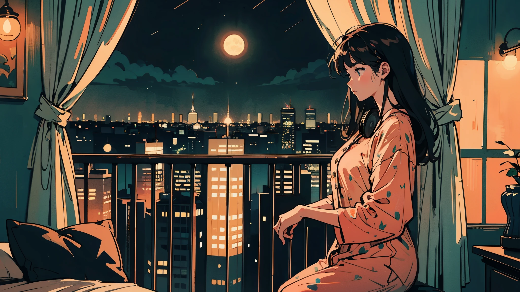 Anime style illustration of young woman on balcony at night. Full moon and starry sky, cityscape below with twinkling lights. Woman in profile, wearing pajamas with polka dot pattern. Wearing a big headphone and looking at viewers. Balcony railing in foreground. Curtains visible from room behind. Contrast between dark night sky and bright city lights. Peaceful, contemplative mood. Highly detailed background with buildings. Soft, warm color palette with emphasis on blues and oranges. Cozy, late-night atmosphere. Various colors in the image