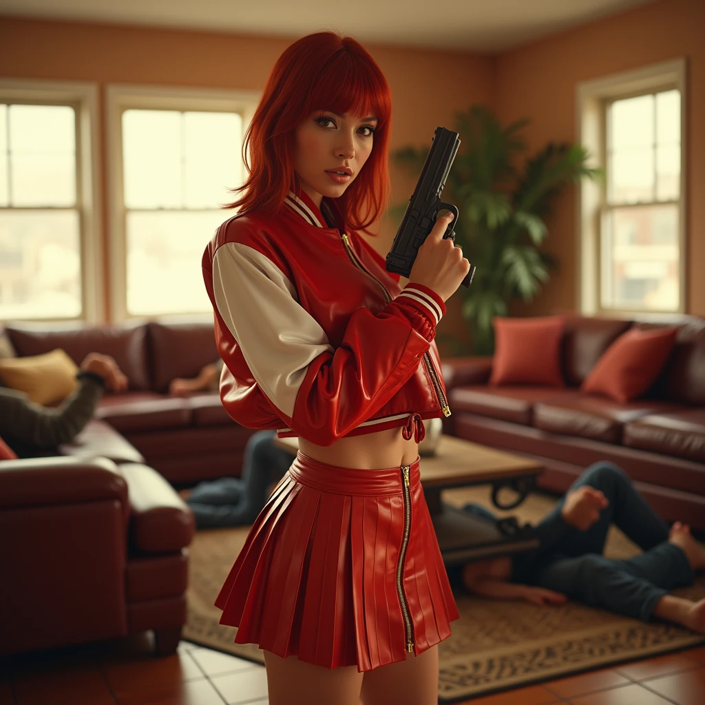 wide depth of field, wide depth of focus, f/11 lens setting, all objects in focus, living room background, full body image, red and white short cropped soft shiny satin bomber jacket,  zipped up jacket, pleated shiny satin mini skirt, redhead woman posing with a pistol ,，almost perfect, pure form, intricate details, 8K post-production, high resolution, super detailed, Popular topics on Artstation,, Studio photos, intricate details, Very detailed, several unconscious men lay on the floor in the background