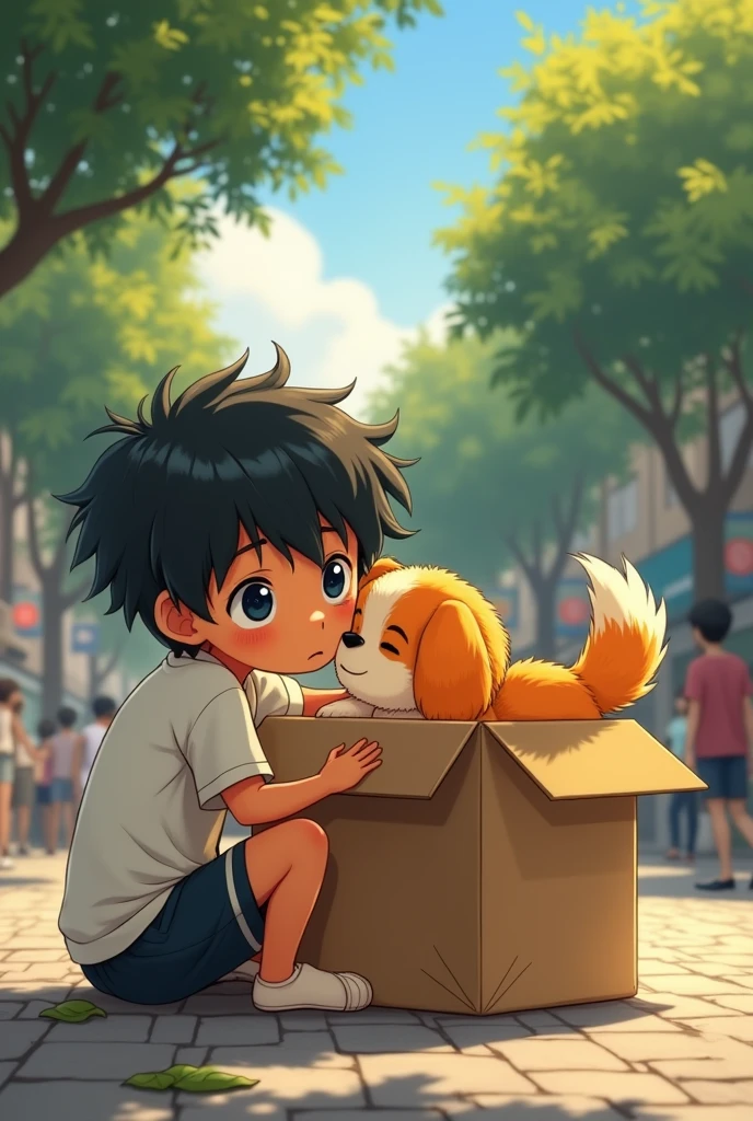 Master Piece, young, age, handsome, 1 boy, dark blue eyes, Shota, ( dog ), hairy, full orange skin, male focus, ( fluffy dog tail ), in the square, white short sleeves and black shorts, ( lying in a cardboard box ), sad