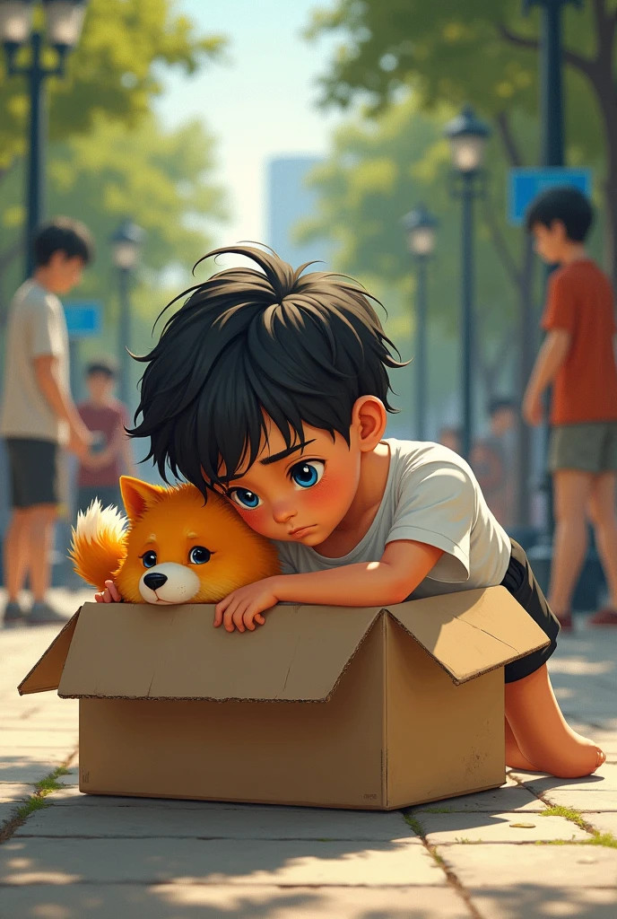Master Piece, young, teenage, handsome, 1 boy, dark blue eyes, Shota, ( dog ), hairy, full orange skin, male focus, ( fluffy dog tail ), in the square, white short sleeves and black shorts, ( lying in a cardboard box ), sad