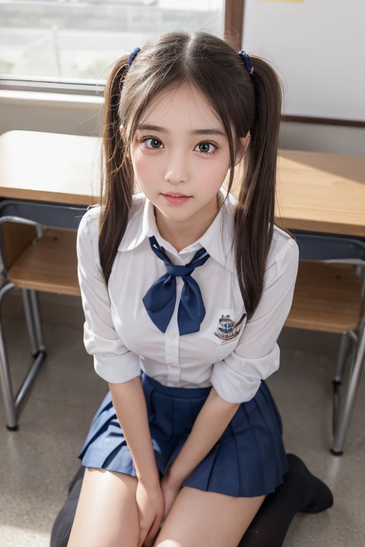 (One Girl), cute, (Very detailedBeautiful Face), Great face and eyes, (Highest quality:1.4), (Very detailed), (Very detailed CG 統合 8k 壁紙), Very detailed, High resolution raw color photos, Professional photography, Realistic portraits, Twin tails, (High School Uniform, Pleated mini skirt:1.3), (High School Uniform with wide open breasts:1.2), Sitting, (Spread your legs), Camel Toe, Depth of written boundary, School, classroom, (Beautiful Face:1.2), (From below:1.2)