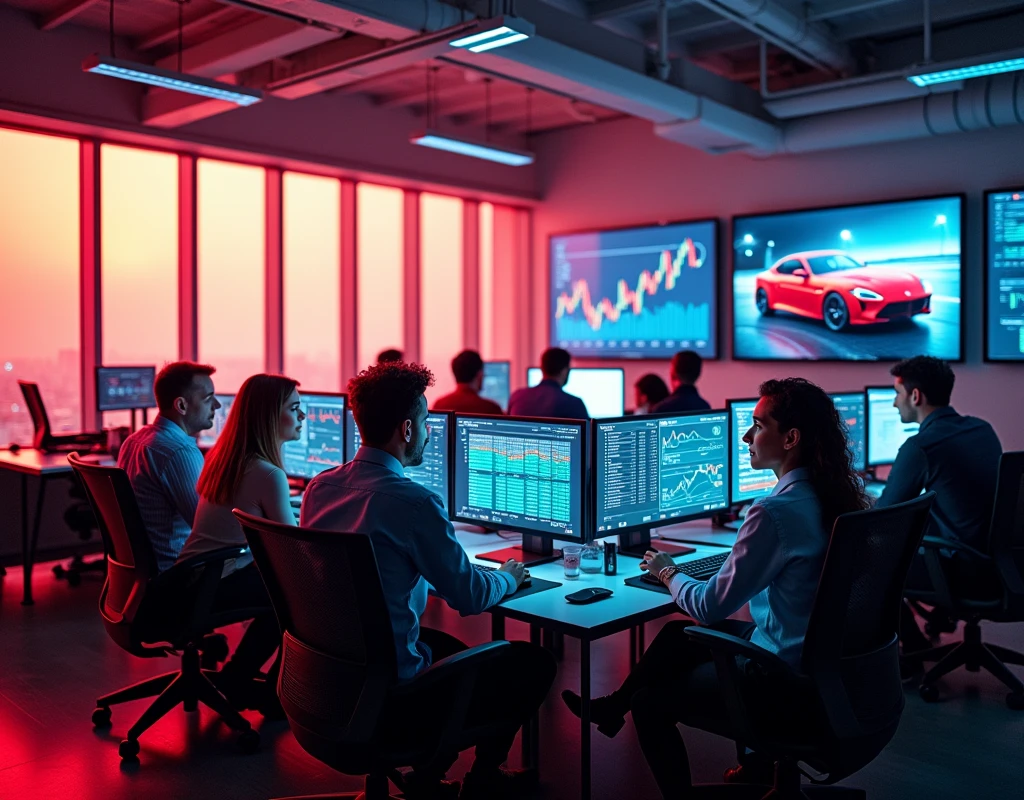 An office with large windows, a lot of light, people analyzing market data and products and product price charts and images of cars. Let the red color predominate and have clear lights