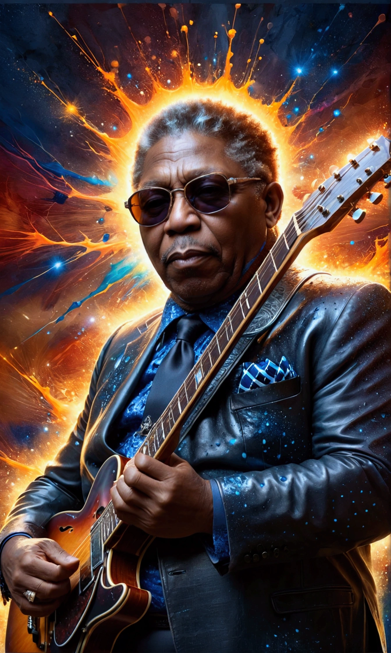 Stunning portrait of blues musician B.B. King, by McKay, sunglasses, emotion, guitar, soulful, blues music, musical vibes, dynamic movement, collage, mixed media, dripping paint, intense, fiery background colors, moody, singing, fantastical, eye catching, perfect hands, pensive, emotional, blues club backdrop, prompt by McKay, stunning image, perfect symmetrical sunglasses, well lit, centered, beautiful, shimmering, textured, edgy, mysterious, award winning, thought provoking, hyper detailed face and eyes, highly detailed, beautifully lit, scattered light, scratches, aged, sunbeams, sunlight, centered, symmetry, painted, intricate, volumetric lighting, beautiful, rich deep colors masterpiece, sharp focus, ultra detailed, in the style of dan mumford and marc simonetti, astrophotography, centered, symmetry, painted, intricate, volumetric lighting, beautiful, rich deep colors masterpiece, sharp focus, ultra detailed, in the style of dan mumford and marc simonetti, astrophotography