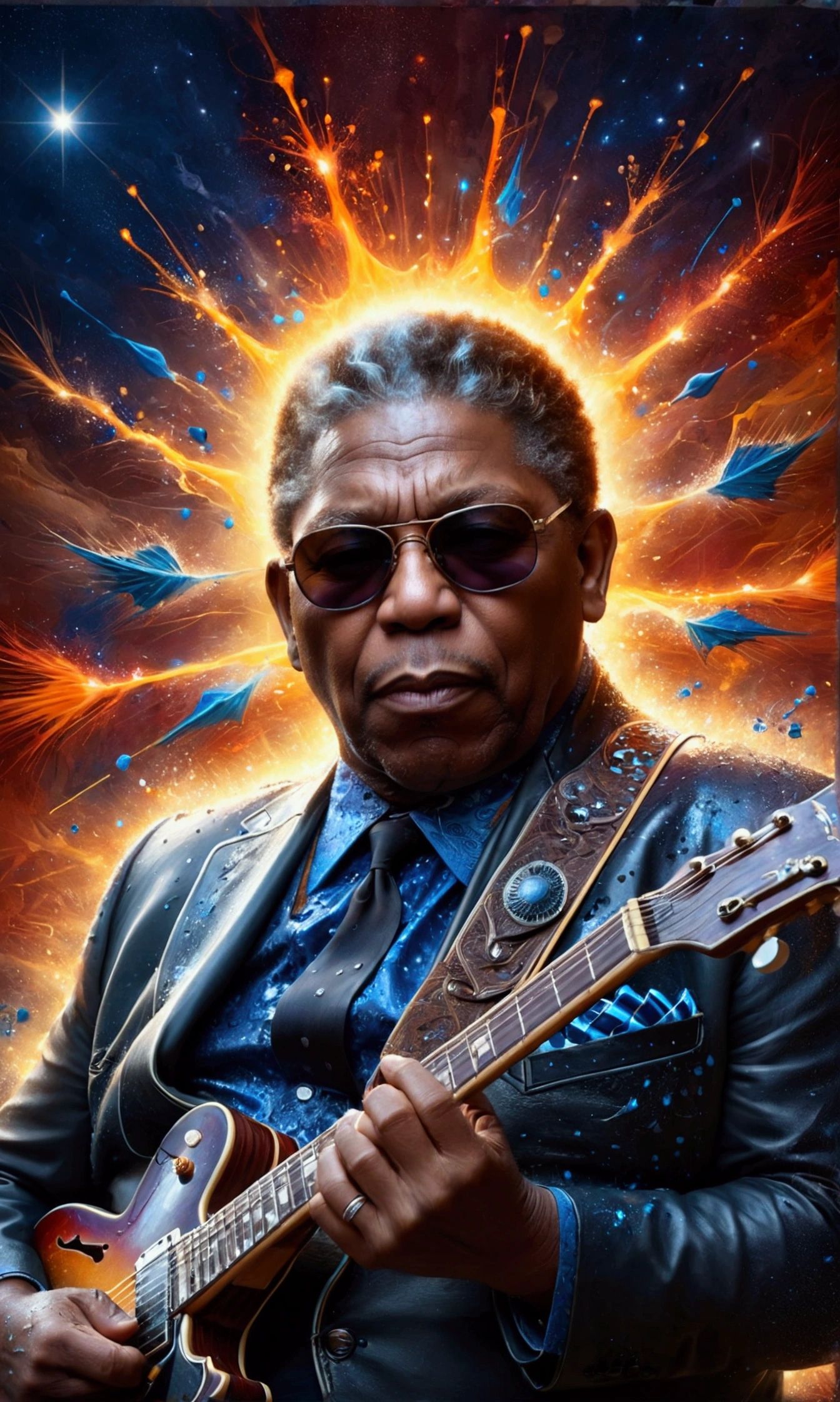 Stunning portrait of blues musician B.B. King, by McKay, sunglasses, emotion, guitar, soulful, blues music, musical vibes, dynamic movement, collage, mixed media, dripping paint, intense, fiery background colors, moody, singing, fantastical, eye catching, perfect hands, pensive, emotional, blues club backdrop, prompt by McKay, stunning image, perfect symmetrical sunglasses, well lit, centered, beautiful, shimmering, textured, edgy, mysterious, award winning, thought provoking, hyper detailed face and eyes, highly detailed, beautifully lit, scattered light, scratches, aged, sunbeams, sunlight, centered, symmetry, painted, intricate, volumetric lighting, beautiful, rich deep colors masterpiece, sharp focus, ultra detailed, in the style of dan mumford and marc simonetti, astrophotography, centered, symmetry, painted, intricate, volumetric lighting, beautiful, rich deep colors masterpiece, sharp focus, ultra detailed, in the style of dan mumford and marc simonetti, astrophotography