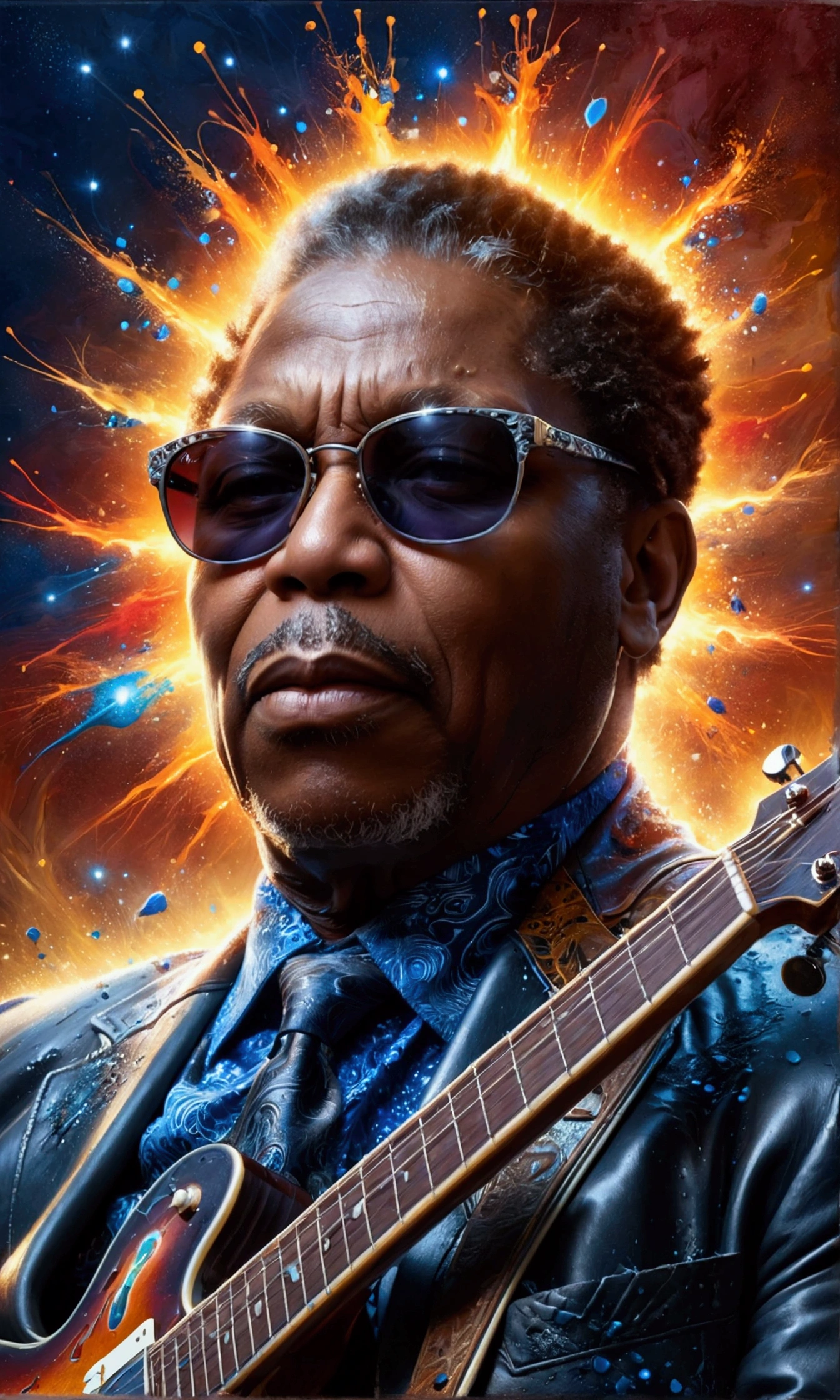 Stunning portrait of blues musician B.B. King, by McKay, sunglasses, emotion, guitar, soulful, blues music, musical vibes, dynamic movement, collage, mixed media, dripping paint, intense, fiery background colors, moody, singing, fantastical, eye catching, perfect hands, pensive, emotional, blues club backdrop, prompt by McKay, stunning image, perfect symmetrical sunglasses, well lit, centered, beautiful, shimmering, textured, edgy, mysterious, award winning, thought provoking, hyper detailed face and eyes, highly detailed, beautifully lit, scattered light, scratches, aged, sunbeams, sunlight, centered, symmetry, painted, intricate, volumetric lighting, beautiful, rich deep colors masterpiece, sharp focus, ultra detailed, in the style of dan mumford and marc simonetti, astrophotography, centered, symmetry, painted, intricate, volumetric lighting, beautiful, rich deep colors masterpiece, sharp focus, ultra detailed, in the style of dan mumford and marc simonetti, astrophotography