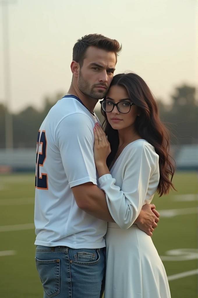 A man and woman standing in a football field . Man in pickup the girl .man wear 32 number white jersey.woman wearing white dress and glasses she has black hair