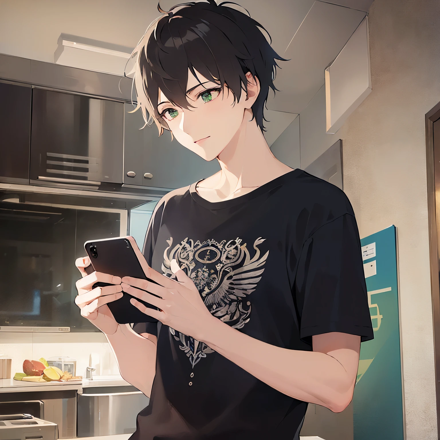 (25-year-old male:1.5) and (Brown short hair) and (Green Eyes), (looking away:1.5),upper body、 (talking on the smartphone:1.5),(handling_smart_phone, smart_phone:1.2)、Side shot、
shiny skin, masterpiece、Highest quality、
(black T-shirts:1.5)
smile,The background is the living room at night、(alone:1.5)