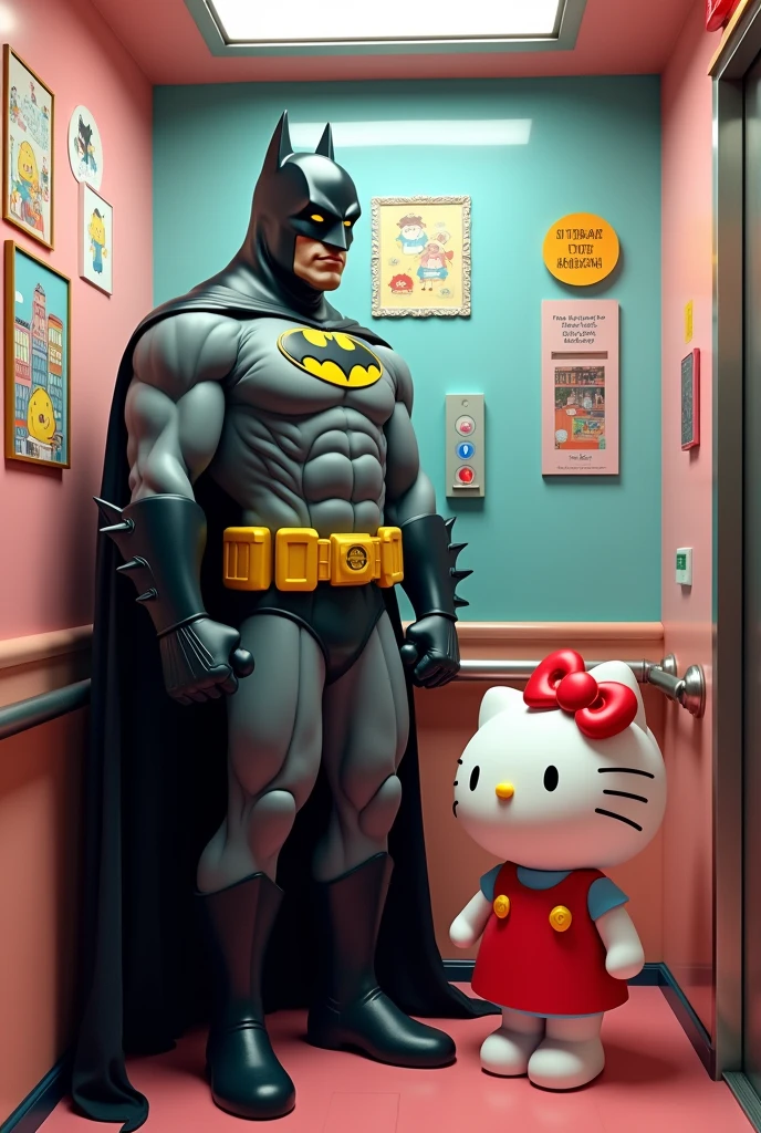 Batman in the lift with hello kitty
