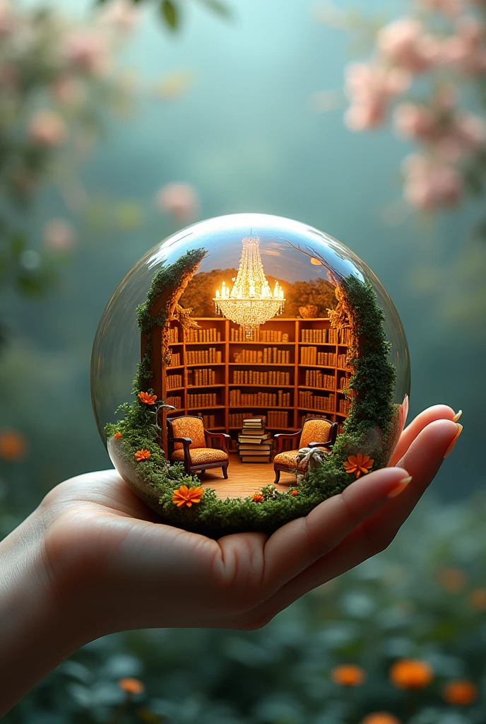 A library-like room inside a palm-sized sphere。