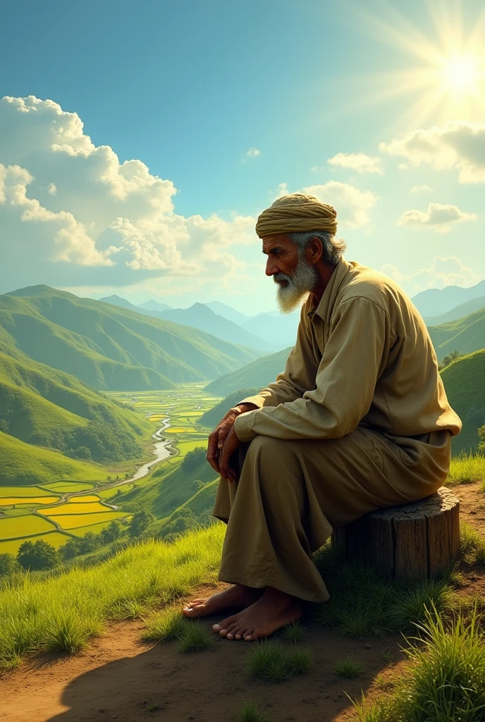 A realistic image of a modern. An Poor old islamic man is thinking of starting a paddy field