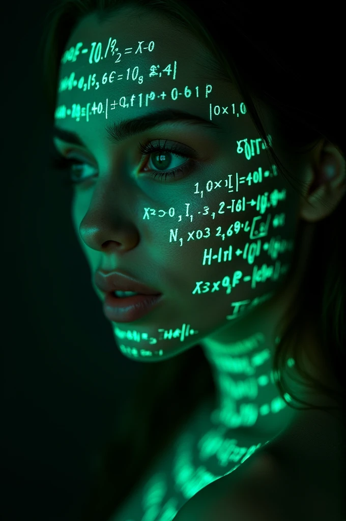 Close up of woman's face, Glowing green holographic equation projected onto skin. Strong gaze, Realistic features. Dark background, Cyberpunk aesthetics. Glowing math formulas, Handwriting style. Futuristic, High-tech atmosphere. Photorealistic rendering, Dramatic Lighting, In sharp contrast