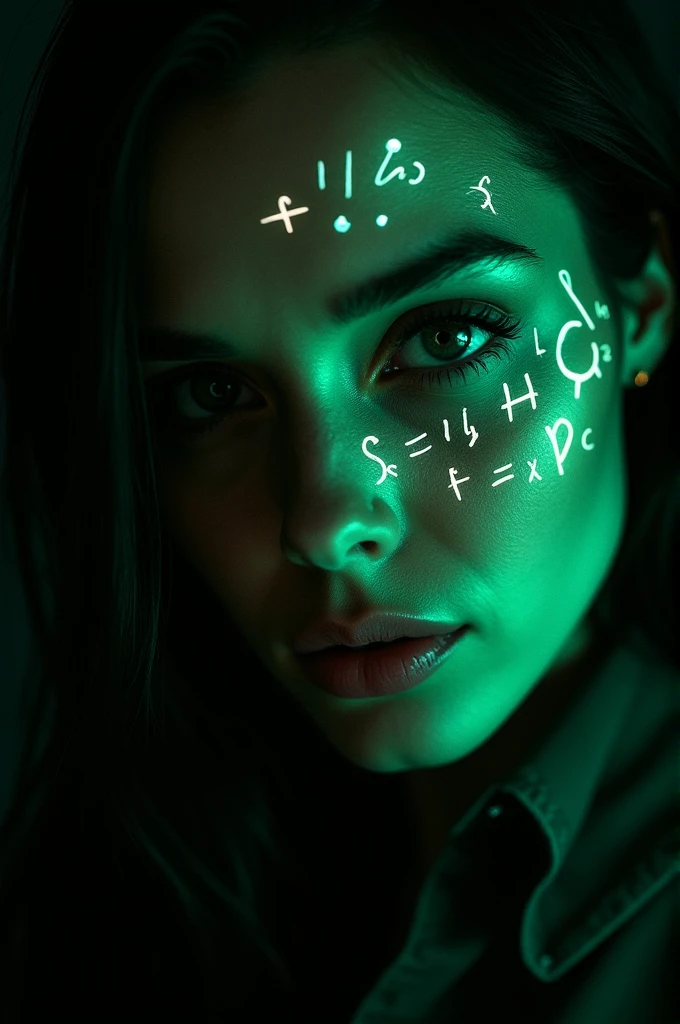 Close up of woman's face, Glowing green holographic equation projected onto skin. Strong gaze, Realistic features. Dark background, Cyberpunk aesthetics. Glowing math formulas, Handwriting style. Futuristic, High-tech atmosphere. Photorealistic rendering, Dramatic Lighting, In sharp contrast
