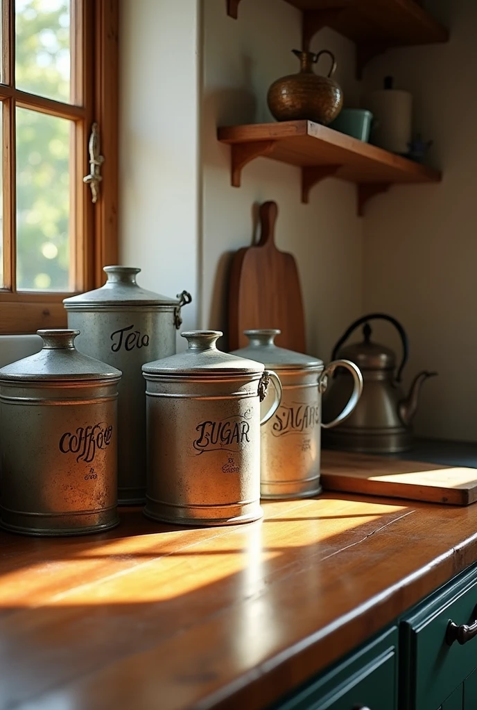 Kitchen metal tea coffee sugar canisters in kitchen counter