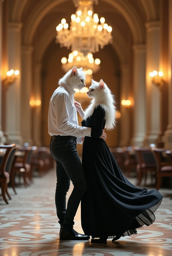 A tall white cat dressed in white shirt and black jeans dances with a tall beautiful white cat dressed in full length black Maxie in hall