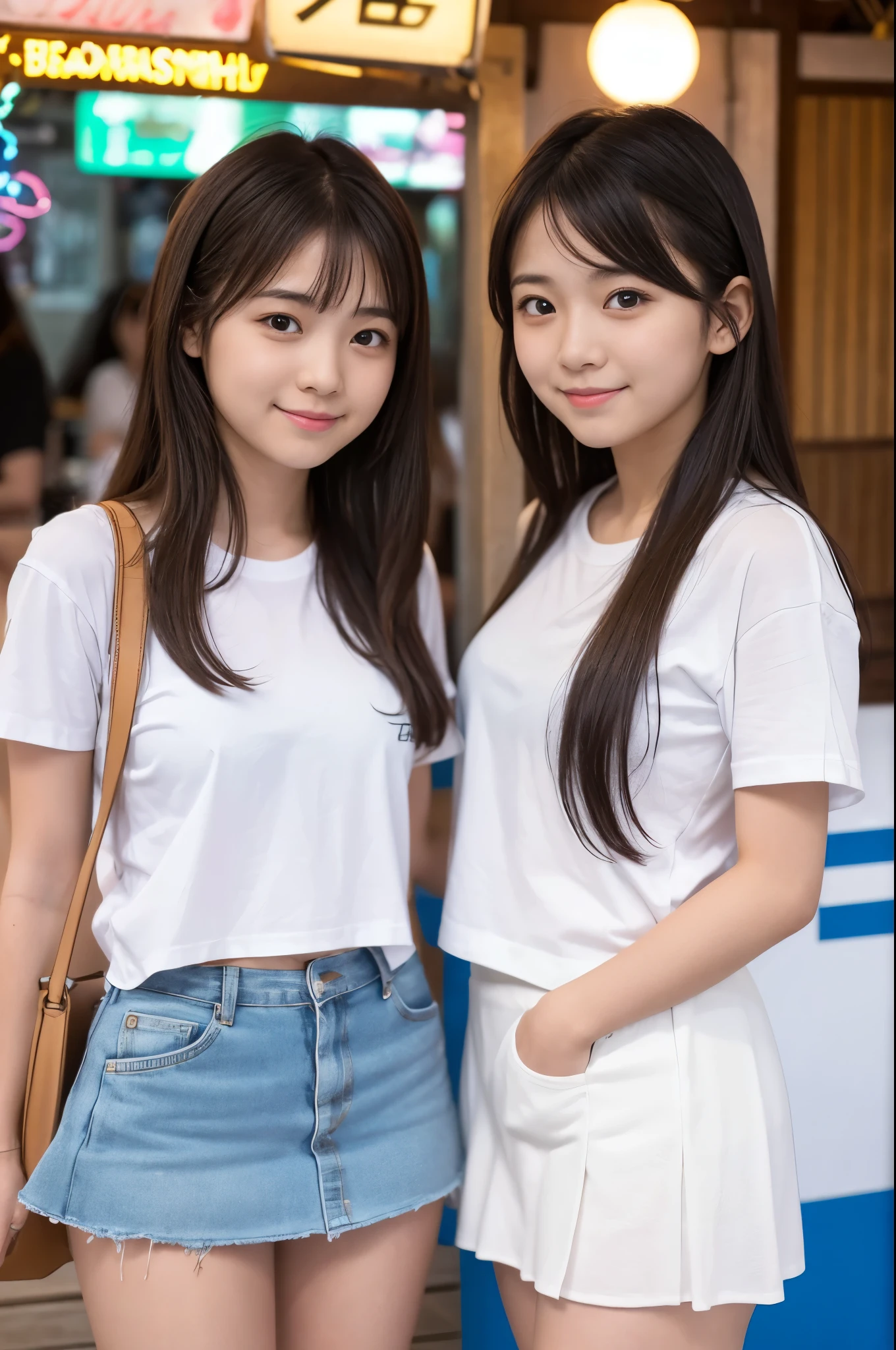Two girls (21 years old, Japanese cute face) are wearing white Tshirts, mini skirt at the beach bar