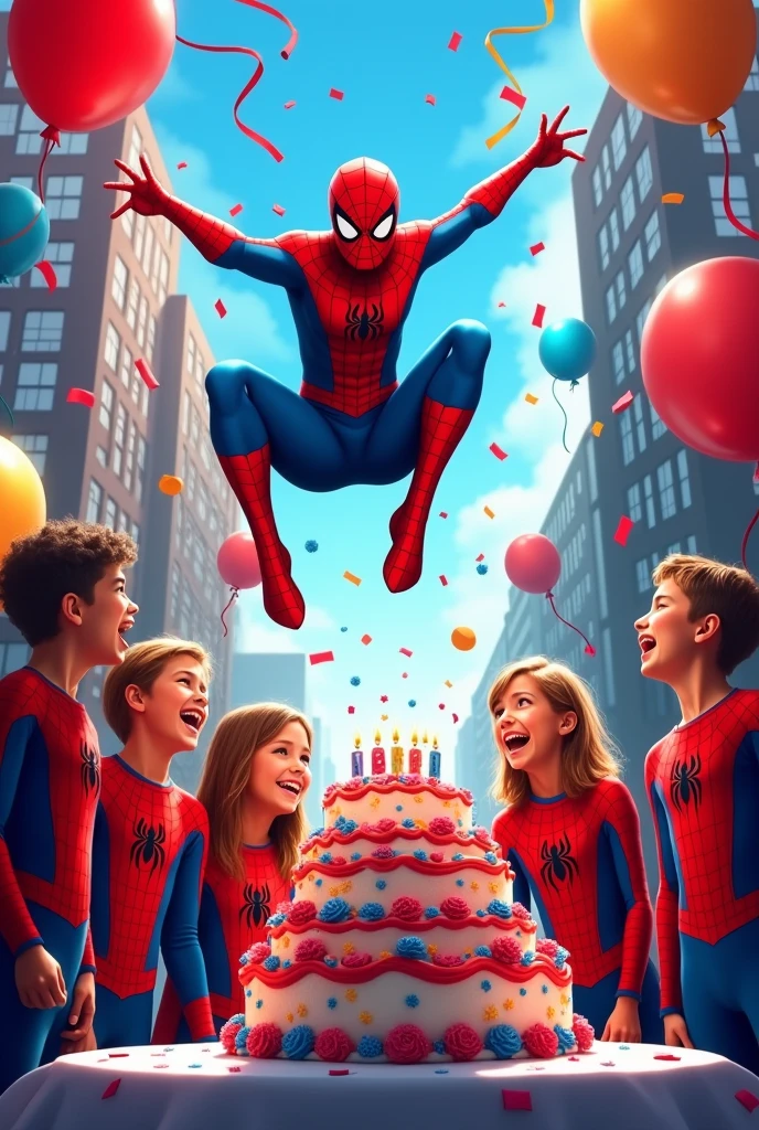 Spiderman birthday square poster with happy Birthday written and cake and people celebrating