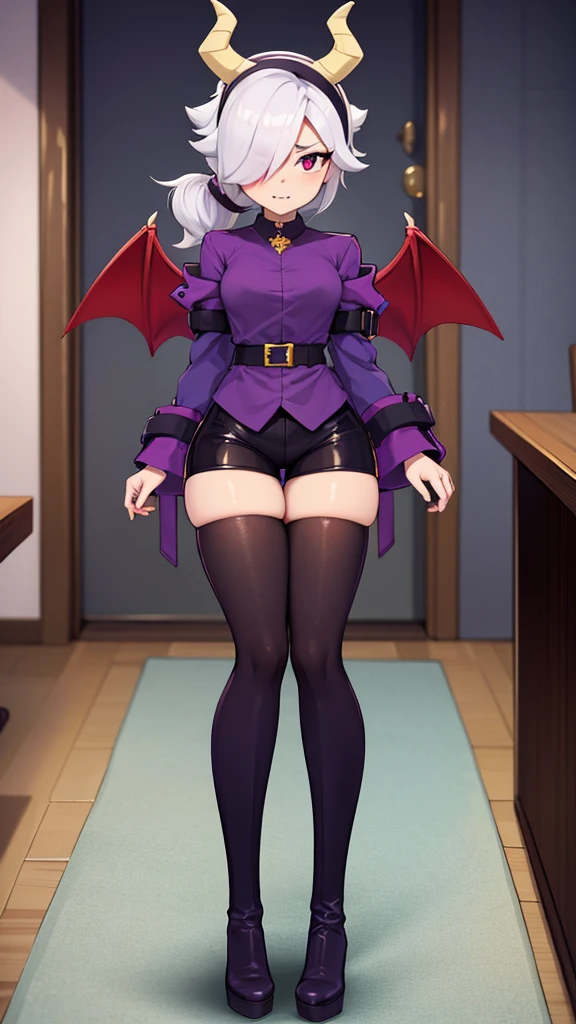 score_9, score_8_up, score_7_up, score_6_up, score_5_up, score_4_up, source_anime , colettetrixie, skinny girl, young girl, red skin, sharp teeth, hair over one eye, hairband, demon horns, colored sclera, purple shirt, purple shorts, demon wings, thigh high boots, black boots, heels, thin legs, low ass, room, lamp,
ultra quality, 4K,