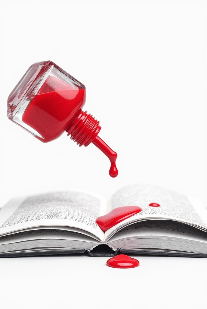 on a white background, make a simple drawing, Striped, made with pencil and minimalist of a bottle of red nail polish spilling on a sheet of a book close up