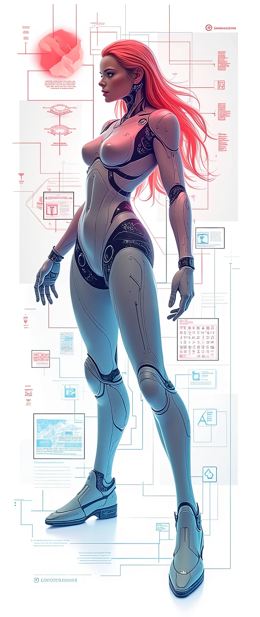 Help me generate an AI game art application analysis，Similar to long PDF，Portfolio format，Don&#39;t need too many colors，Be formal，The combination of Huawei&#39;s red and technological blue，White background，Need to include typographic elements，Design elements, etc.，Novel board style，Reference dribbble，Behance and other creative websites。