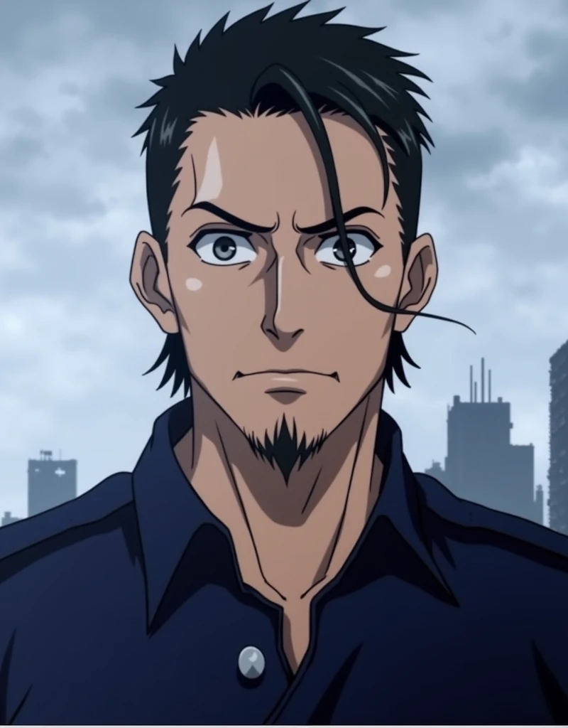 attack on titan anime screencap, 26 years old boy, short mullet whit bangs hairstyle, messy hair, black hair, gray tired eyes, attack on titan uniform, with musculature