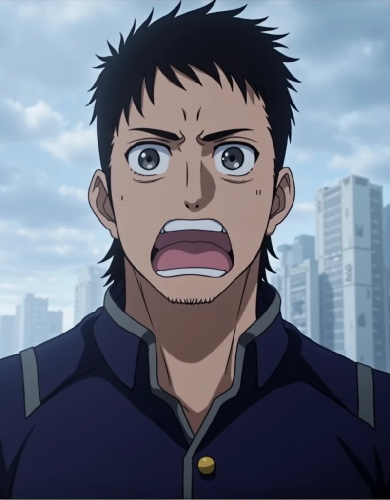 attack on titan anime screencap, 26 years old boy, short mullet whit bangs hairstyle, messy hair, black hair, gray tired eyes, attack on titan uniform, with musculature