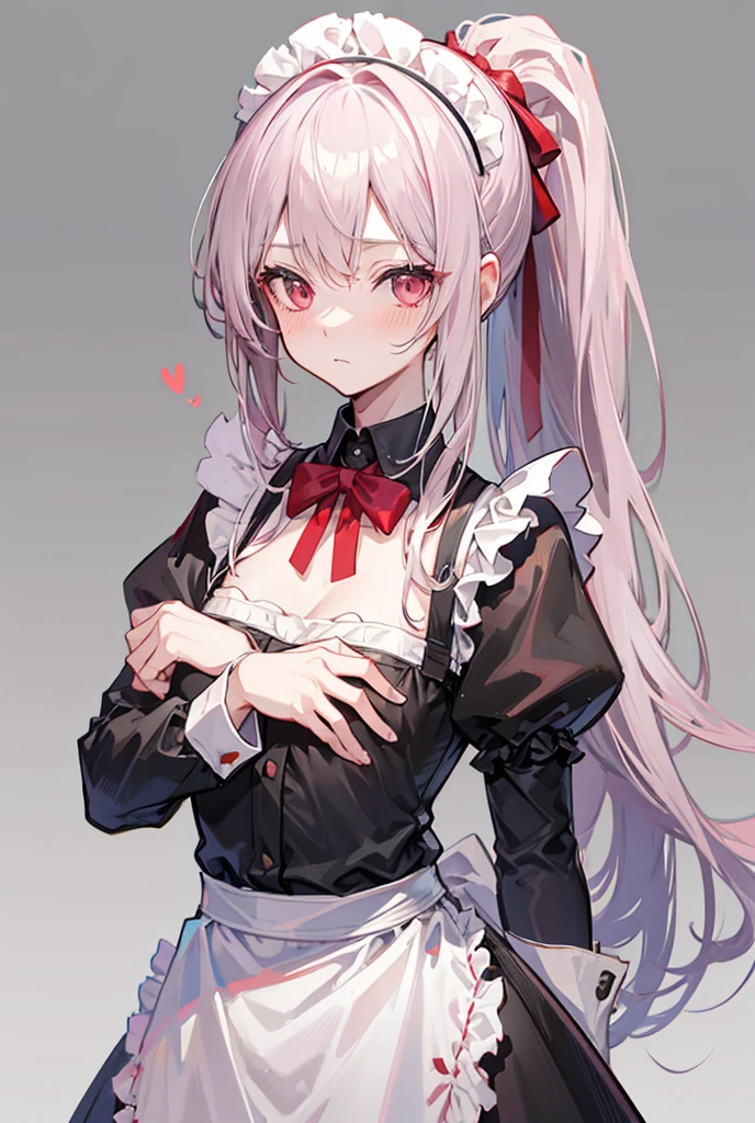 One person, Long Hair, High resolution, chest, Blushing, Simple Background, accurate, Highest quality, Gray Hair, ponytail, Red face, Maid outfit anatomically correct,