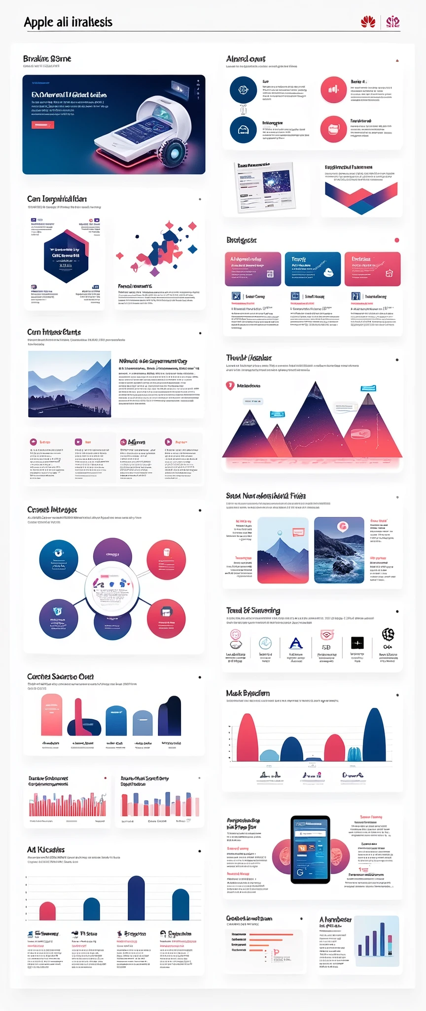 Help me generate an AI game art application analysis,Similar to long PDF,Portfolio format,Don't need too many colors,Be formal,The combination of Huawei's red and technological blue,White background,Need to include typographic elements,Design elements, etc.,Novel board style,Reference dribbble,Behance and other creative websites。