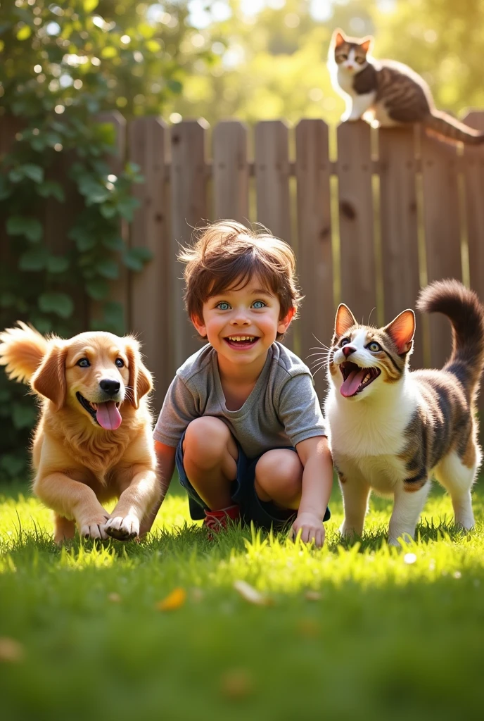 A boy with cats and dogs 