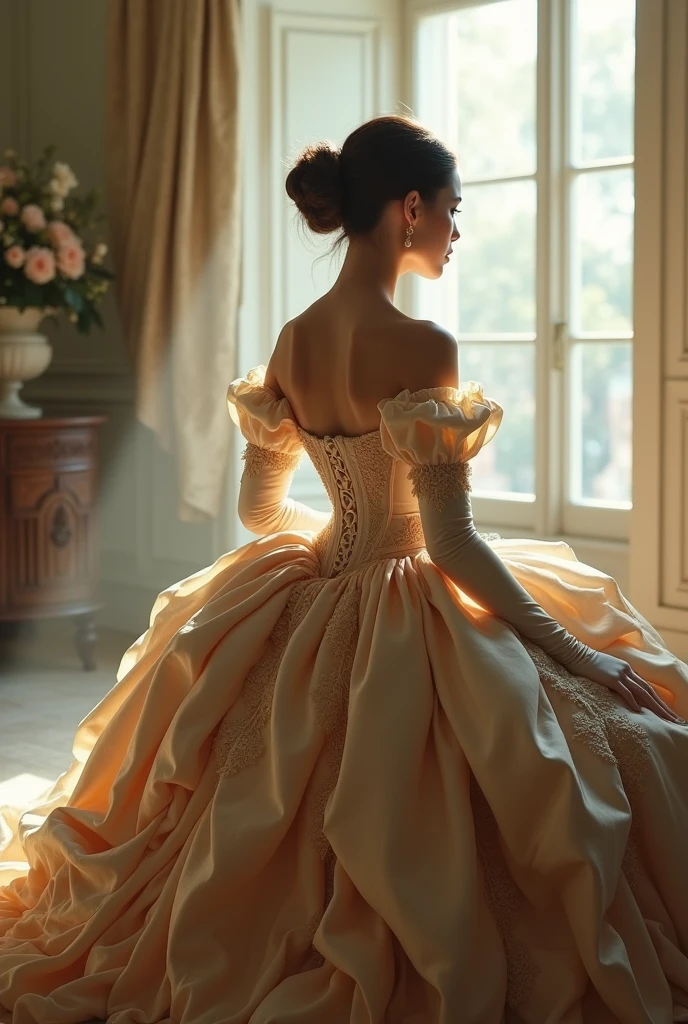 (photorealism:1.2), Feminine figure sitting body 3/4 facing away from camera, face not visible, no profile view of the face, figure sitting on a bench in a room legs down, room is spacious in front, dress drapes down in the front with voluminous folds, crinoline gives dress volume, dress is a puffy roccoco dress, in a tight corset, a lot of drapery in the folds of the dress, the back of the dress is puffy but , dress fabric is silk, some lace details, her corset has a large exposed area of her back, arms have long full coverage silk gloves