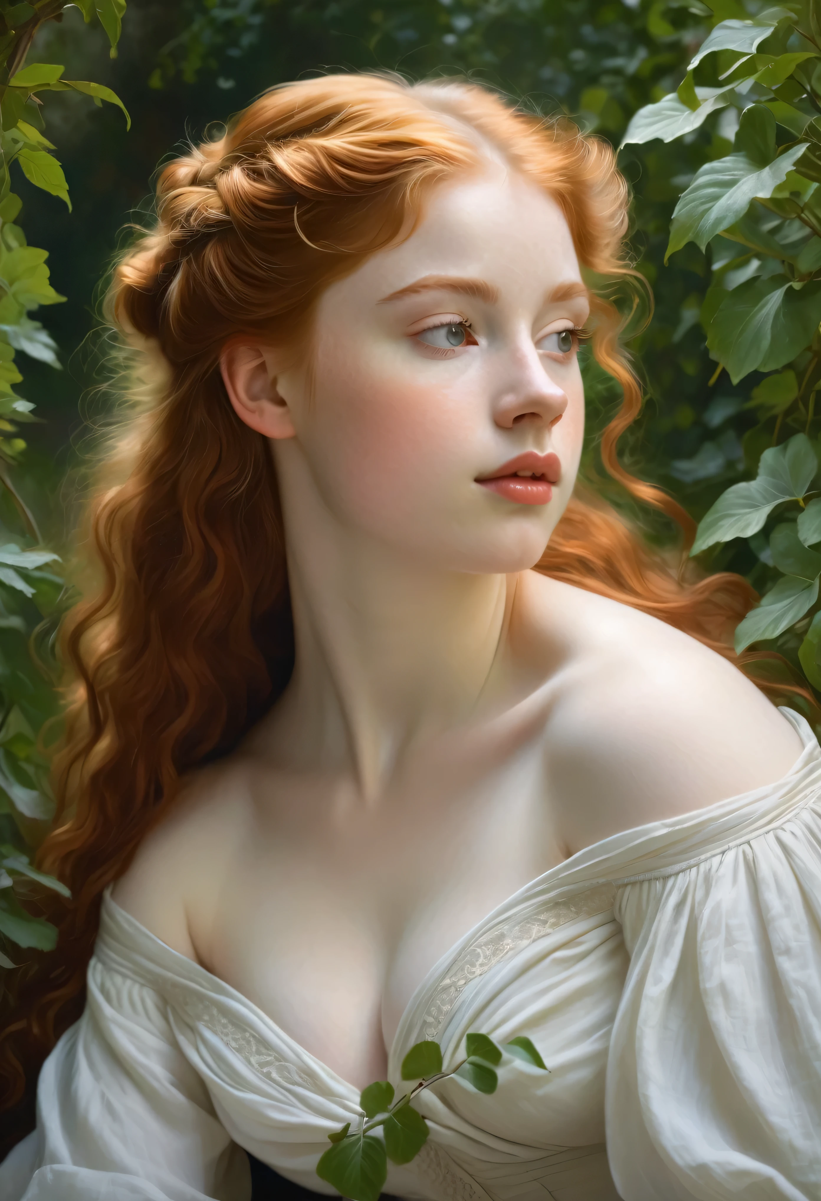 painting of a pale skin muscular 18 year old redhead girl with huge breasts in a classical setting, featuring intricate details in her delicate facial features, graceful posture, and soft flowing hair, surrounded by lush greenery and soft dappled light, in the style of William-Adolphe Bouguereau, capturing the essence of beauty and realism