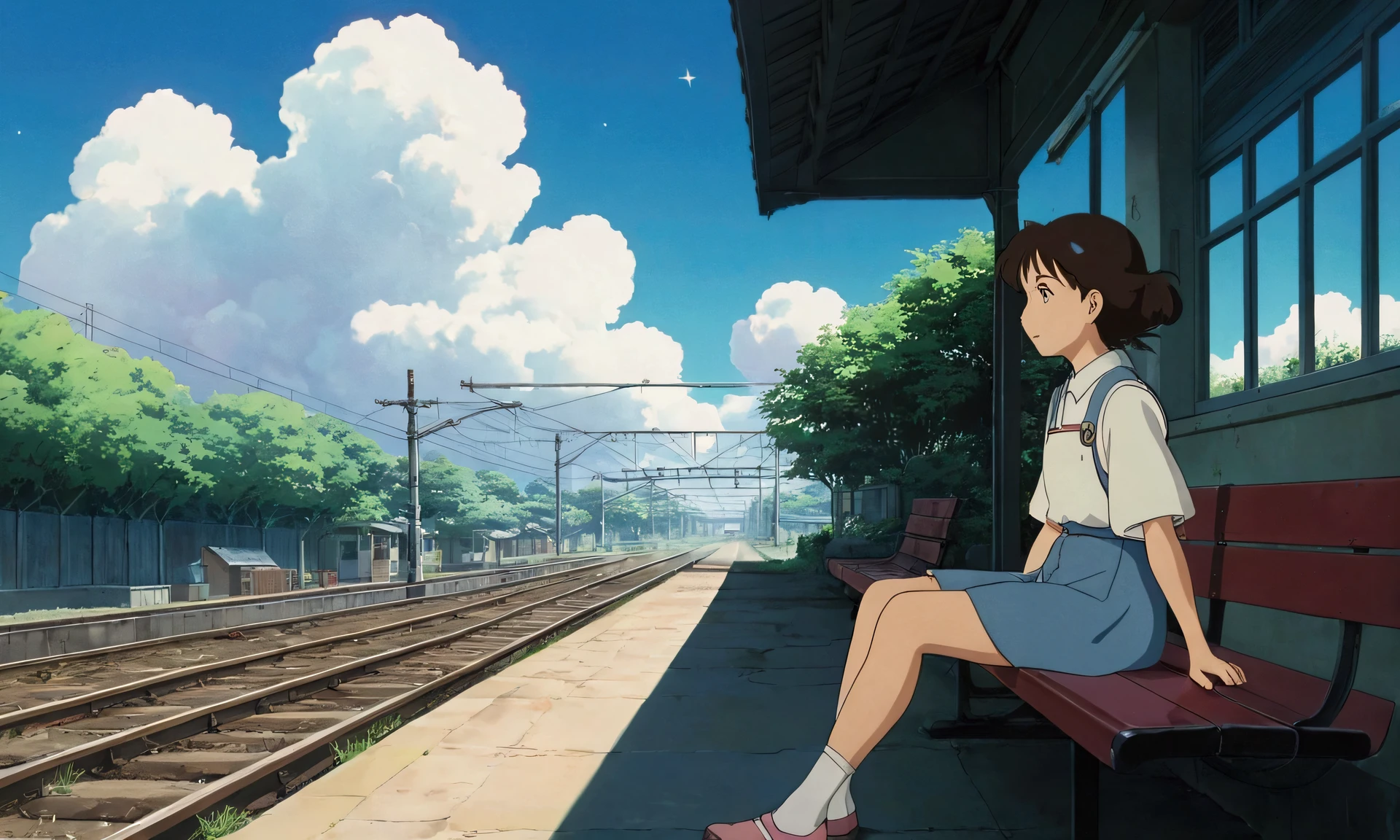 Ultra-high resolution,80s aesthetic anime ,outline,Studio Ghibli,Rural Station,Station,Wait at the platform,Sitting Girl,Turn your back on the viewer,White cloud,Anime Bloom Effect,Soft lighting,CG particle effects 4K resolution