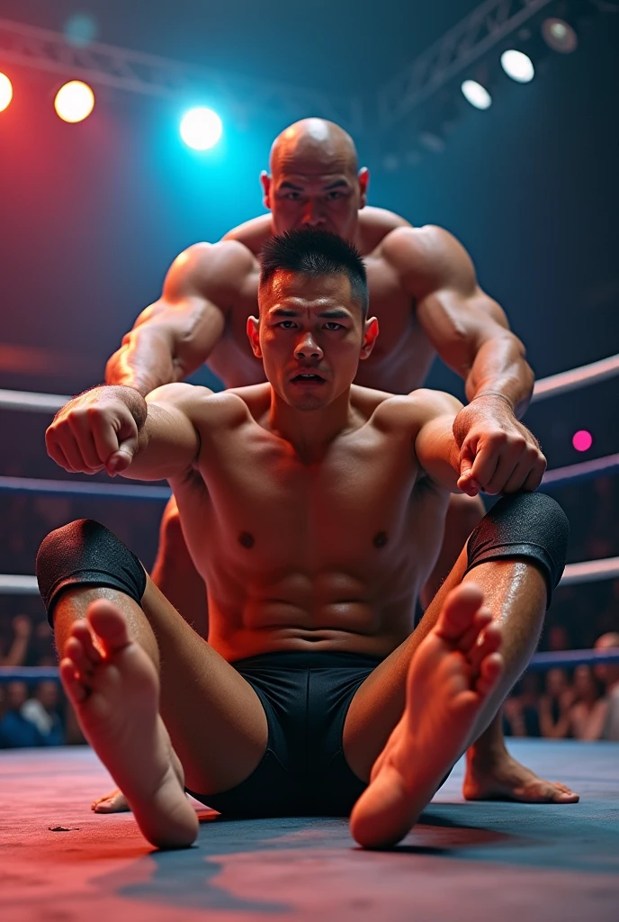 Japanese young male pro wrestler A versus Japanese male heel wrestler B in a ring battle。A is muscular and A with a buzz cut wearing short tights、Has a distressed expression、Body is drenched in sweat。No shoes。B is a heel wrestler and muscular、Sweaty body、A with a buzz cut wearing short tights。A sits on the ring、Spread your legs and point the soles of your feet towards the camera。B performs a sleeper hold on A from behind, more focusing on the close-up of A's feet,