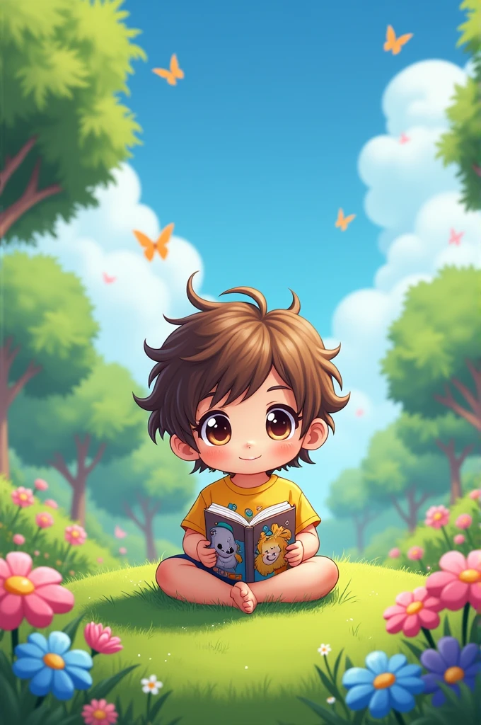 Chibi cartoon of a  reading in the park