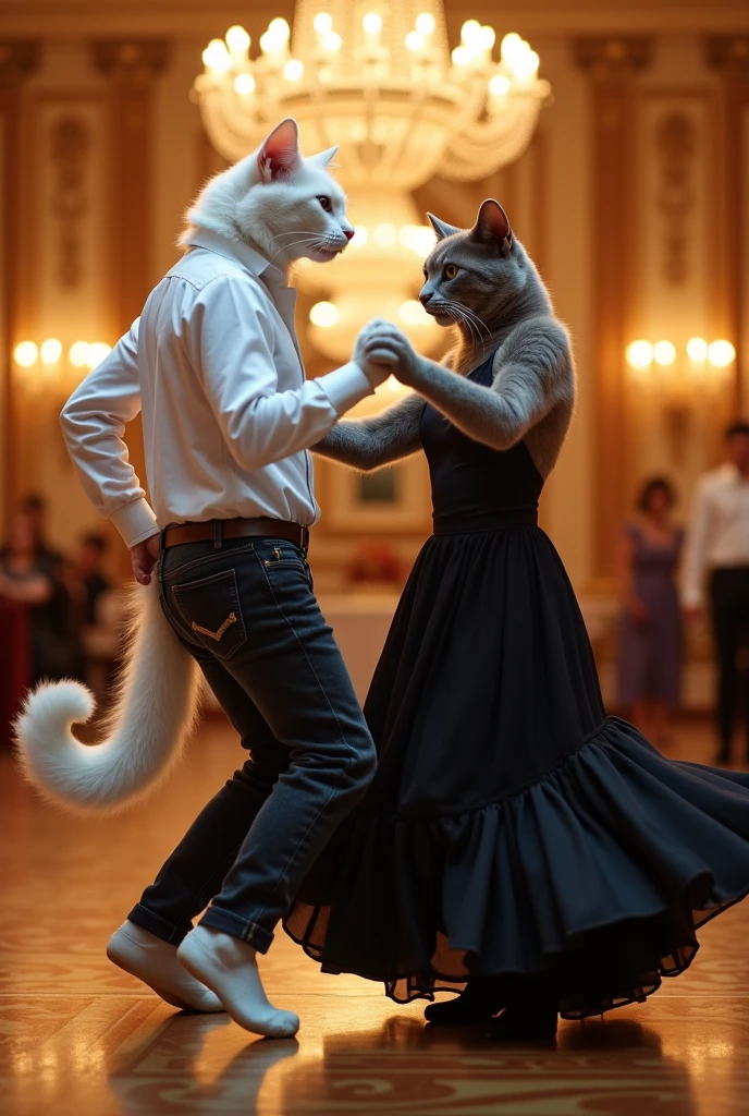 A tall white cat dressed in white shirt and black jeans dances with a tall beautiful white cat dressed in full length black Maxie in hall smilingly