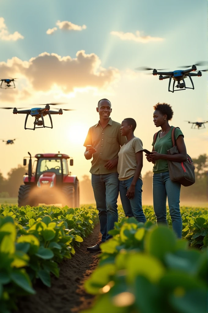 An African farmer on a smart phone, his family with him, drones spraying water on plants, electric tractor in the farm, workers using electric spray pumps, a solar powered electro cube, put a title for the picture that say RHIFLUX SMART FARMS